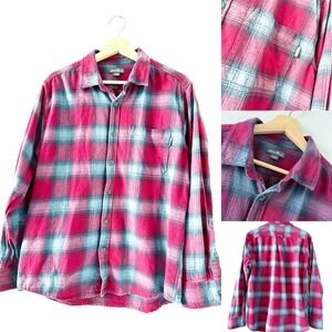 Eddie Bauer Mens Red Blue Plaid Flannel Button Down Long Sleeve Shirt Size Large
